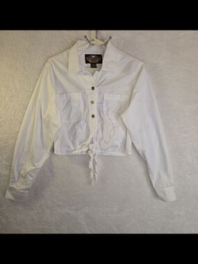 Vtg 90s Y2K Harley Davidson Back Logo Tie Front Long Sleeve Button Crop Top Sz M